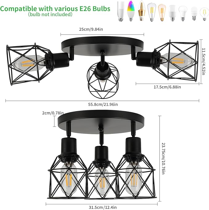 WILON Kitchen Light Fixtures Ceiling Mount, Black Ceiling Light Fixtures 3-Light Adjustable Semi Flush Mount Ceiling Light, Multi-Directional Ceiling Lights for Kitchen Hallway Dining Room(E26 Base)