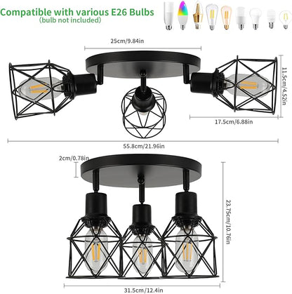 WILON Kitchen Light Fixtures Ceiling Mount, Black Ceiling Light Fixtures 3-Light Adjustable Semi Flush Mount Ceiling Light, Multi-Directional Ceiling Lights for Kitchen Hallway Dining Room(E26 Base)