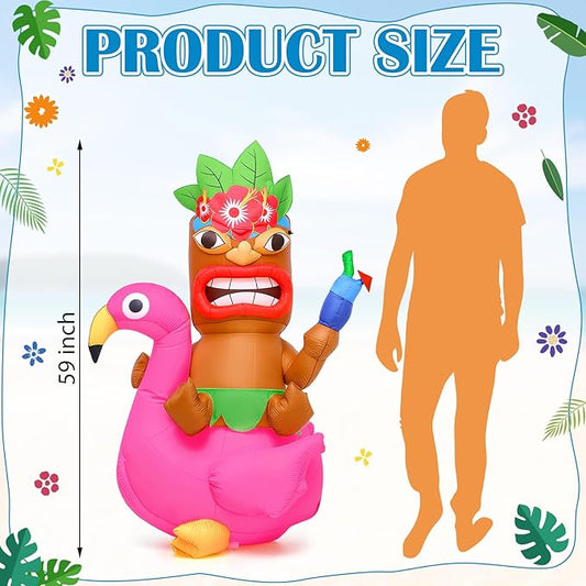 Shappy 5 ft Inflatable Tiki Flamingo Surfboard Luau Hawaiian Party Decorations Summer Inflatables Outdoor LED Lighted Tiki Blow up Beach Tropical Pool Surfing Yard Party Supplies Favors(Delicate)