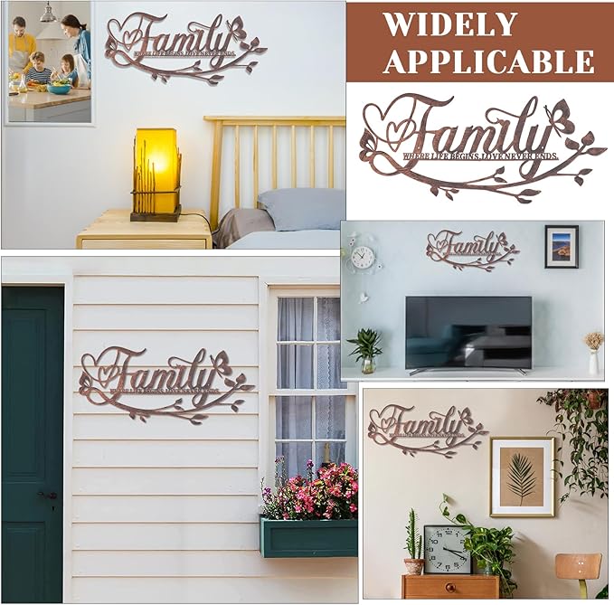 AUHOKY Family Where Life Begins Love Never Ends Word Sign Metal Wall Decor, Black Home Decor Wall Art Decorations, Letters Quotes Sign for Living Room Bedroom Kitchen Indoor Outdoor Decor(17.5 x 9in)
