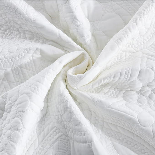 MarCielo 3-Piece 100% Cotton Oversized Bedspread Lightweight Quilt Coverlet Embroidery Farmhouse Bedding (Tf Bright White, Oversized King (118"x106"))