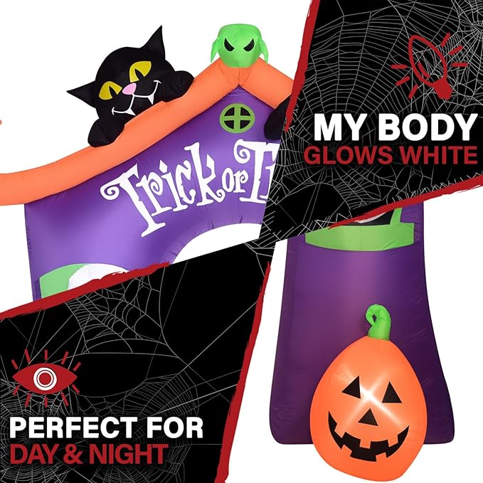 Haunted Hill Farm 9-Ft. Pre-Lit Trick or Treat Walkway Arch Inflatable Yard Decor with Black Cat, Jack-O-Lantern, and Ghost, Halloween Outdoor Blow-Up, Festive Outdoor Decorations for Patio and Yard