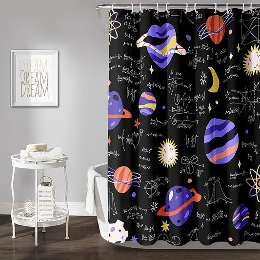 AILONEN Solar System Shower Curtain,Math Galaxy Purple Planet Bath Curtain for Bathroom Decor,Cartoon Planet Polyester Waterproof with 12 Plastic Hooks 72" W*96" H