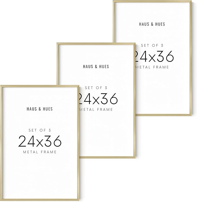 HAUS AND HUES Gold Frames 24x36 Set of 3 - Large Picture Frames 24x36, Poster Frames 24 x 36 Inches, 24 by 36 Poster Frames, Gold Picture Frame Set, 24x36 Frame for Art Display (Aluminum Frames)