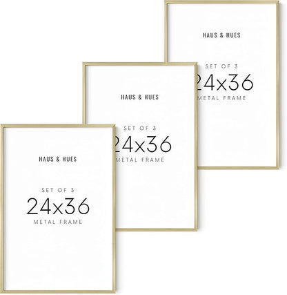 HAUS AND HUES Gold Frames 24x36 Set of 3 - Large Picture Frames 24x36, Poster Frames 24 x 36 Inches, 24 by 36 Poster Frames, Gold Picture Frame Set, 24x36 Frame for Art Display (Aluminum Frames)
