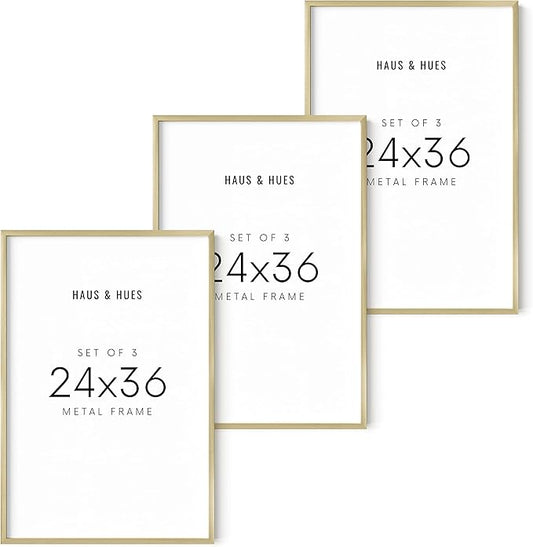 HAUS AND HUES Gold Frames 24x36 Set of 3 - Large Picture Frames 24x36, Poster Frames 24 x 36 Inches, 24 by 36 Poster Frames, Gold Picture Frame Set, 24x36 Frame for Art Display (Aluminum Frames)