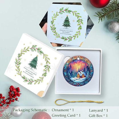 Happy Winter Ornaments Snow Village Round Ceramic Colorful Hanging Ornament Christmas Keepsake Decor for Xmas Tree Winter Holiday Xmas Gift for Women Men 3"