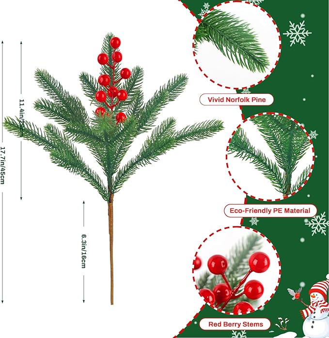 HOHOTIME 6 Pcs Christmas Pine Picks, Artificial Norfolk Pine Branches with Berry Stems, 17 inch Christmas Greenery Fake Foliage Pines Needles Picks for DIY Craft Xmas Decor Home Indoor Decoration