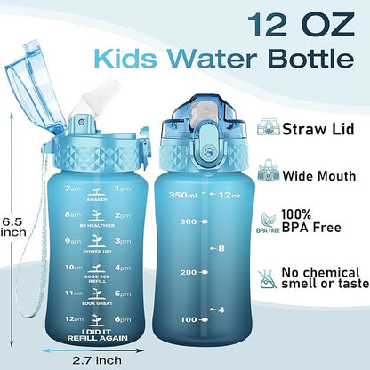 OLDLEY Kids Water Bottle for School, 12 oz (Straw Lid) BPA-Free Reusable Leak-proof Durable Tritan Plastic Water Bottles with One-handed Opening Straw Lids, Anti-dust Spout Cover (Bluenavy)