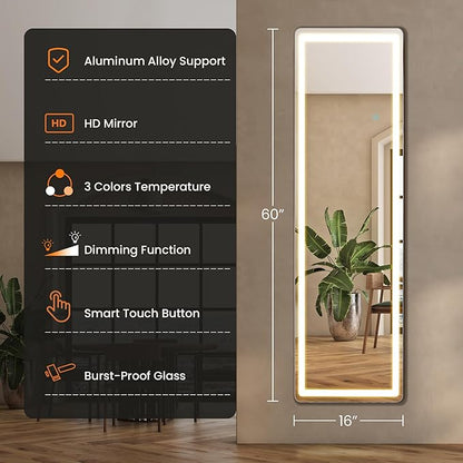 Sweetcrispy Full Length Mirror with LED Lights, 60"x16" Lighted Floor Mirror with Dimming & 3 Color Lighting, Stand for Bedroom, Dressing Room, Rectangle
