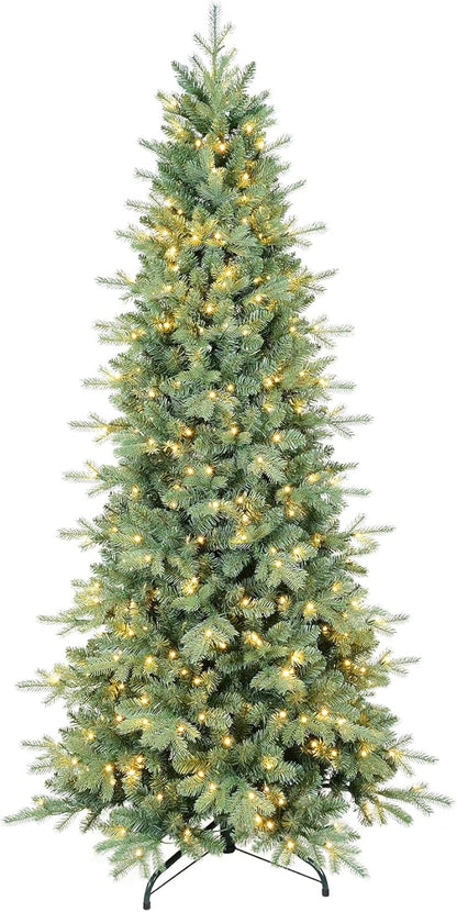 7 FT Pre-lit Artificial Skinny Christmas Tree,Blue Spruce Slim Christmas Tree with 1552 PE&PVC Mixed Branch Tips and 400 UL Listed Clear Lights,Hinged Xmas Tree with Metal Stand for Home Office Décor