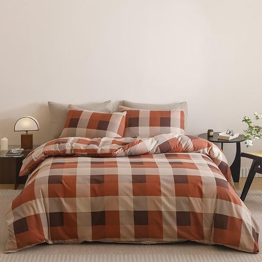 Cottonight Checkered Red Comforter Set Full Gingham Grid Bedding Set Red and Khaki Grid Comforter Fluffy Soft Bedding Set Kids Teens Full Comforter with 2 Pillowcases