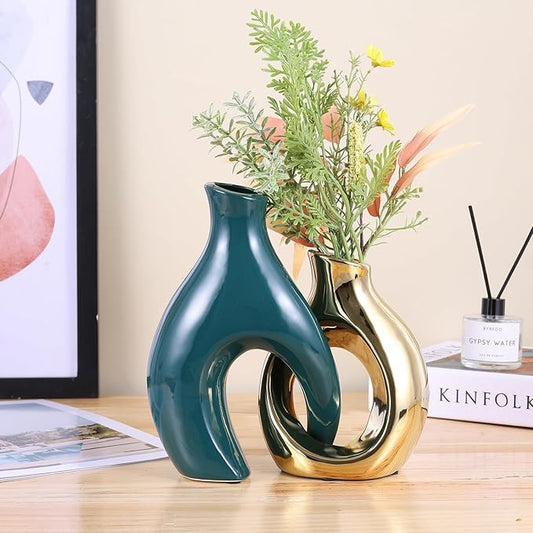 Ceramic Decorative Vases 2 Piece Set, Bohemian Style Openwork Green and Gold Decorative Vases, Home Decor Aesthetics for Kitchen Cabinets, Office, Bedroom, Dresser, Entryway Table Decor.