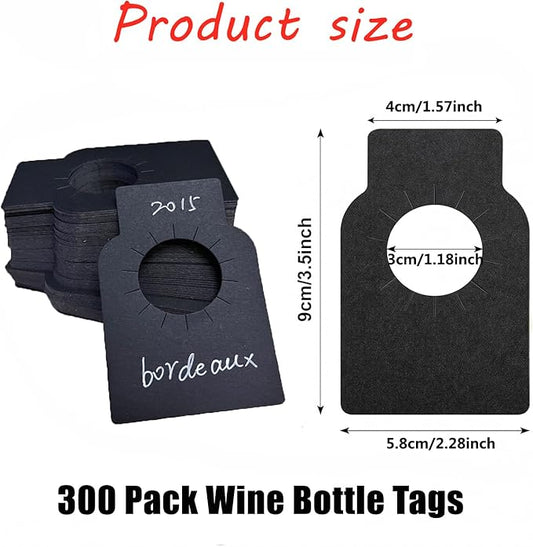 Wine Bottle Tags for Cellar Collection, Champagne,Hanging Labels for Name,Year,Tasting Notes (300Pack-Black)