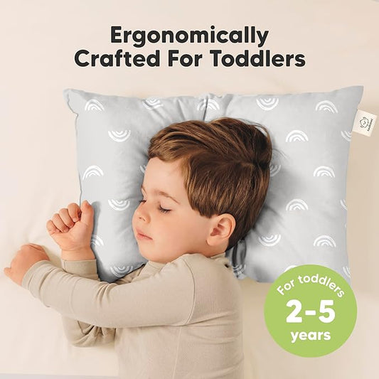 2-Pack Toddler Pillow - Soft Organic Cotton Toddler Pillows for Sleeping - 13X18 Small Pillow for Kids - Kids Pillows for Sleeping - Kids Pillow for Travel, School, Nap, Age 2 to 5 (Gray Rainbow)