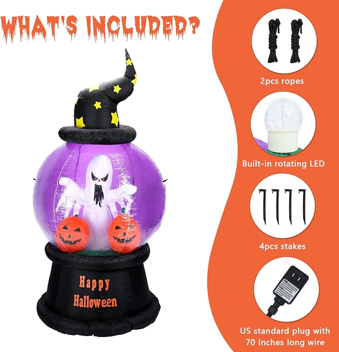 6 FT Tall Halloween inflatables Outdoor Decorations with Crystal Ball Build-in LEDs Blow Up Inflatable for Halloween Party Indoor, Outdoor, Yard, Garden, Lawn Decoration