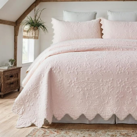 Brandream Queen Size Quilt Set Cotton Light Pink Quilts Farmhouse Bedding Set Matelasse Coverlet Set Scalloped Edge Quilts 3-Piece