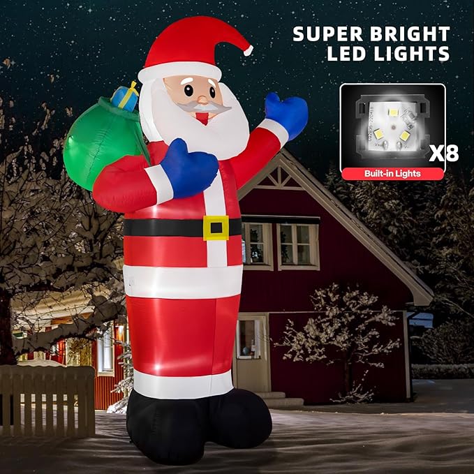 B&D 12FT Giant Christmas Inflatables Santa Claus Outdoor Decorations Built-in LED Lights, Christmas Blow Up Santa Yard Decorations with Gift Bag Inflatable Xmas Decorations for Yard Garden Lawn