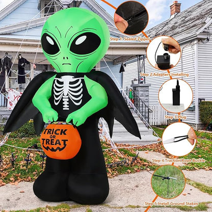 COMIN 6 FT Halloween Inflatables Alien Carrying Candy Basket Outdoor Decorations Blow Up Yard with Built-in LEDs for Indoor Party Garden Lawn Decor