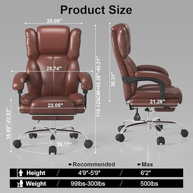 Big and Tall Office Chair, Ergonomic Leather High Back Executive Computer Chair with Retractable Footrest, Adjustable Headrest, Padded Arms, 360°Swivel Free, 90-135°Reclining, 500lbs Wide Seat, Brown