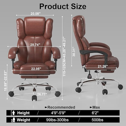 Big and Tall Office Chair, Ergonomic Leather High Back Executive Computer Chair with Retractable Footrest, Adjustable Headrest, Padded Arms, 360°Swivel Free, 90-135°Reclining, 500lbs Wide Seat, Brown