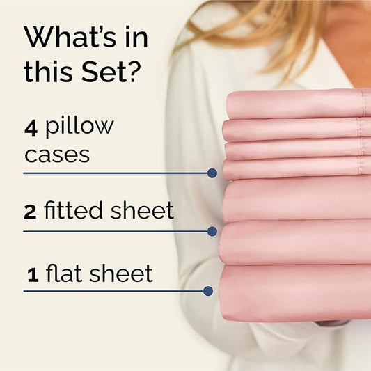 CGK Linens Split King 7 Piece Sheet Set - Cooling Sheets for Hot Sleepers - Hotel Luxury Bedding Set with 8-16 Inch Deep Pockets - 1 Flat & 2 Fitted & 4 Pillowcases - Soft & Wrinkle Free - Split King