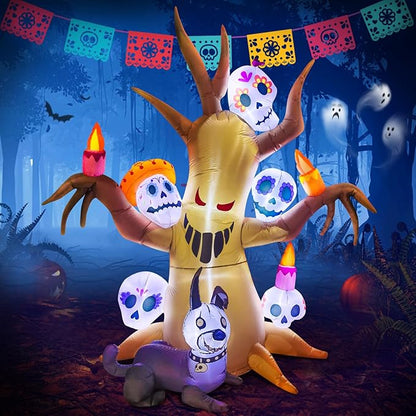 DomKom Tree Halloween Inflatable Blow Up Decorations, Dia de Los Muertos 8FT Day of The Dead Spooky Tree with Catrina Skull and Hairless Dog, Built-in LEDs for Holiday, Garden Lawn Yard Patio Décor