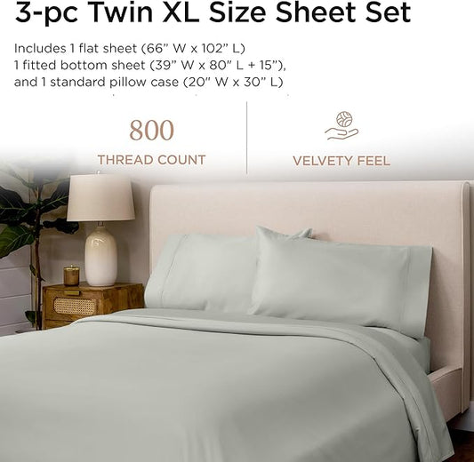 Threadmill Luxury 800 Thread Count 100% Cotton Sheets - Sateen Weave Twin XL Bed-Sheets, Better Than Egyptian Cotton,3 Pc Solid Bedding Set (Light Grey), Fits 15" Deep Pocket