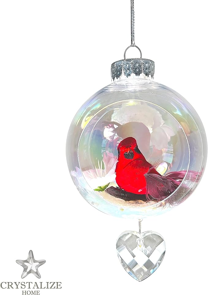 Cardinal Christmas Ornament - Handmade Shatterproof Decorations for Indoor Outdoor Xmas Tree - Clear Ball Ornaments with Magnetic Crystal - Great Gift or Stocking Stuffer for Mom, Sister, Friend