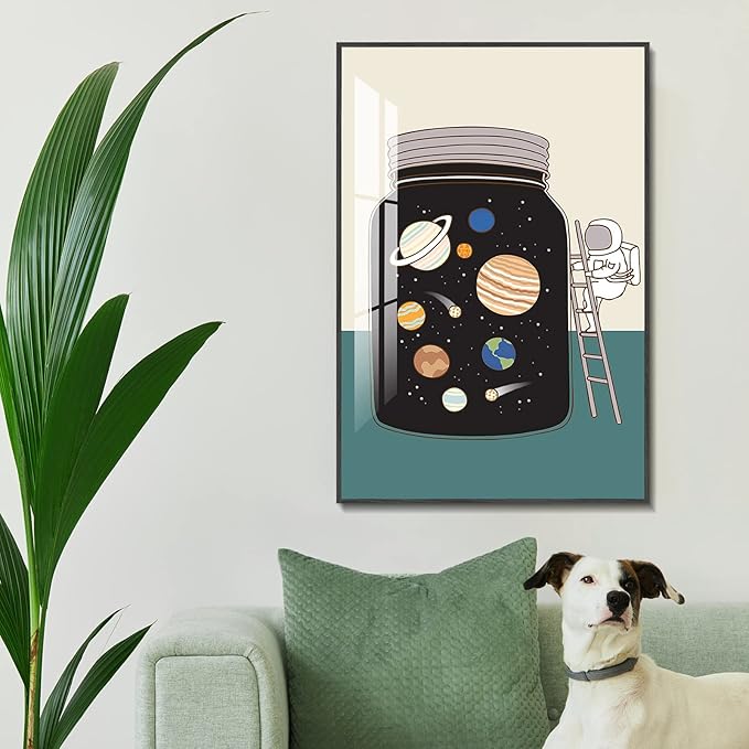 TIME TREE Space Wall Art, 16x24 Framed Canvas Wall Art Space Poster, Astronaut Decor Space Pictures, Wall Decorations for Living Room, Kids Bedroom Decor Black frame, Nursery Artwork for Boys Girls