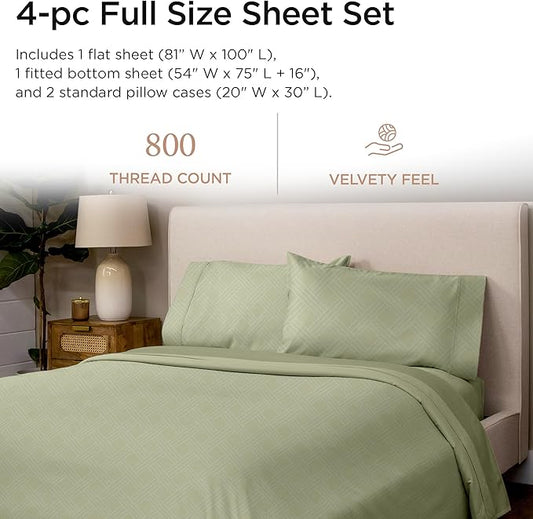 Threadmill Luxury Full Size Sheets for Full Size Mattress | 800 Thread Count Cotton Sheets | Jacquard Celine Sage Green | Better Than Egyptian Cotton| 4 Pc Bed Sheets | with Elasticized Deep Pocket