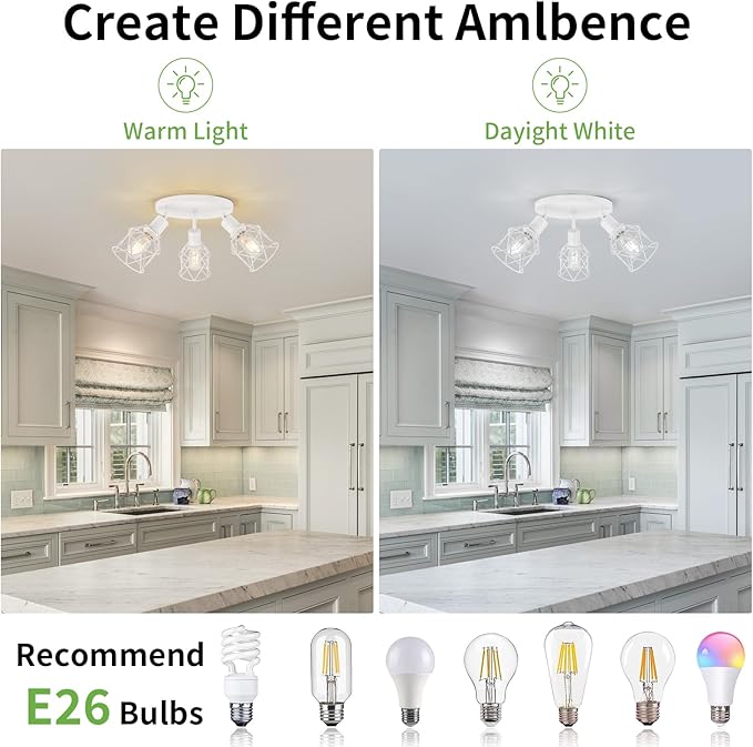 WILON Flush Mount Ceiling Light, Kitchen Lighting Fixtures 3-Light Semi Flush Mount Light, Multi-Directional White Ceiling Track Lighting for Kitchen Hallway Dining Room Entryway(E26 Base)