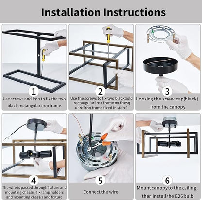 Industrial Flush Mount Ceiling Light Fixture, 4-Light Modern Metal Square Farmhouse Black Retro Close to Ceiling Lights Sloped Chandelier Lighting for Bedroom Hallway Living Room Kitchen Foyer