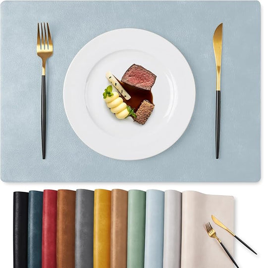 MOSAYT Vinyl Placemats Set of 12-12 X 17 Inch - Faux Leather 100% Waterproof Oil-Proof Wipeable PU Place Mats, Heat Resistant Reversible Table Mats for Kitchen, Dining, Outdoor (Sky Blue)