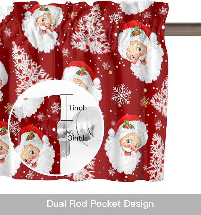 Red Christmas Valance Curtains for Kitchen Windows Santa Claus Merry Christmas Tree Rod Pocket Window Treatment Toppers for Kitchen/Living Room/Bedroom/Bathroom, 60" X 18", Winter Snowflake