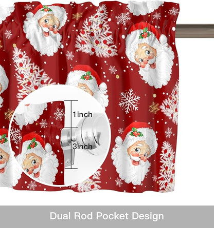 Red Christmas Valance Curtains for Kitchen Windows Santa Claus Merry Christmas Tree Rod Pocket Window Treatment Toppers for Kitchen/Living Room/Bedroom/Bathroom, 60" X 18", Winter Snowflake