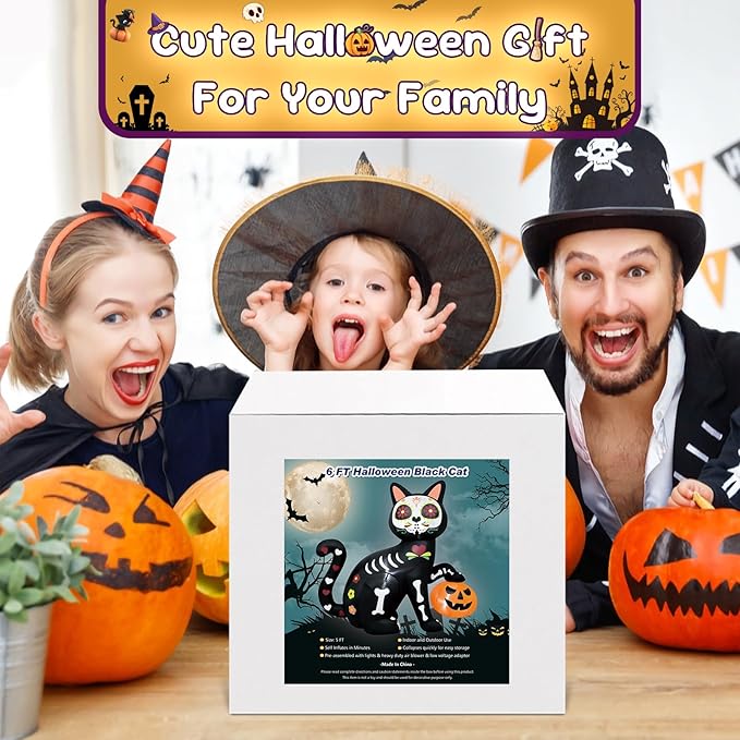 5FT Skeleton Cat Halloween Inflatable Decoration Pumpkin Decor Spooky Halloween Blow Up Decor for Parties with LED Lights Indoor Outdoor Holiday Yard Graden Decoration