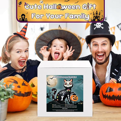 5FT Skeleton Cat Halloween Inflatable Decoration Pumpkin Decor Spooky Halloween Blow Up Decor for Parties with LED Lights Indoor Outdoor Holiday Yard Graden Decoration