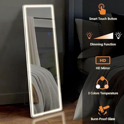 Sweetcrispy 64"x21" Mirror Full Length Standing Mirror with LED Lights, Lighted Floor Mirror with Stand, w/Dimming & 3 Color Lighting, Wall Mirror Full Length Aluminum Alloy Thin Frame, White