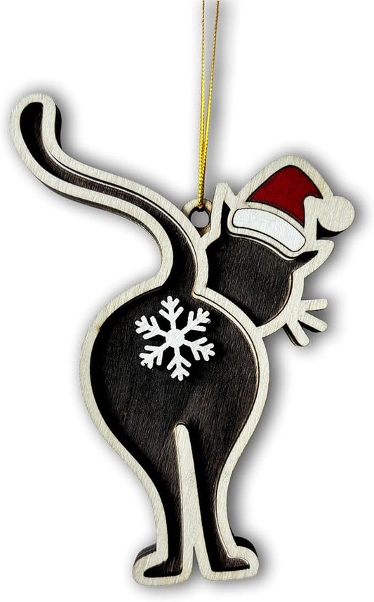 Black Cat Butt Christmas Ornament - Funny Cat Lover Holiday Decor - Wooden Kitten Tree Hanging Ornament with Snowflake Design - 2024 Xmas Ornament