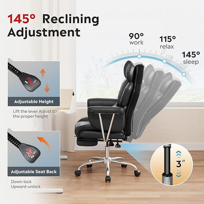 DEVAISE Executive Ergonomic Leather Home Office Chair with Footrest, Comfy Reclining Big and Tall Desk Chair with Lumbar Support, Heavy Duty, SGS Class 4 Gas Lift, Black