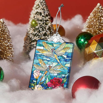 Dragonfly Stained Glass Ornament, 2025 Christmas Tree Hanging Decoration Exchange or Nature-Inspired Decor, 3.8 x 2.4 Inch