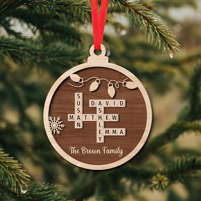 Custom Wooden Crossword Ornament, Personalize with Family Names, Personalized Ornament for Christmas Tree