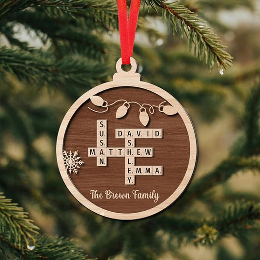 Custom Wooden Crossword Ornament, Personalize with Family Names, Personalized Ornament for Christmas Tree