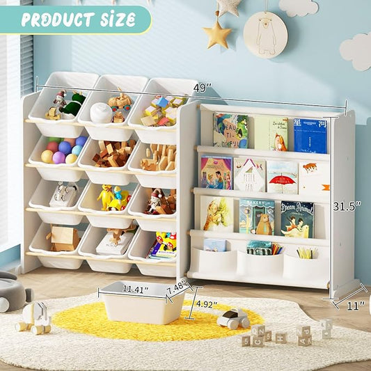 Kids Toy Storage Organizer - Toy Storage with Kids Bookshelf, Toy Organizer with 12 White Bins and 4 Book Shelves, Toy Organizers and Storage for Playroom, Nursery, Kids Room, White