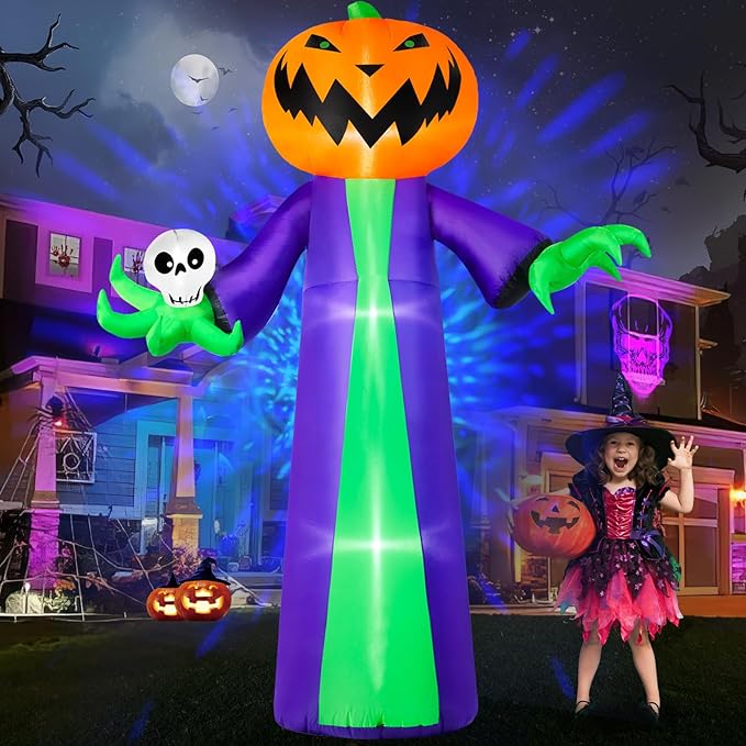 B&D 8FT Halloween Inflatables Outdoor Decorations, Inflatable Pumpkin Reaper Halloween Decorations Holds Skull Blow Up Yard Decoration Built-in Blue LED Disco Light for Holiday Party Garden Lawn Decor