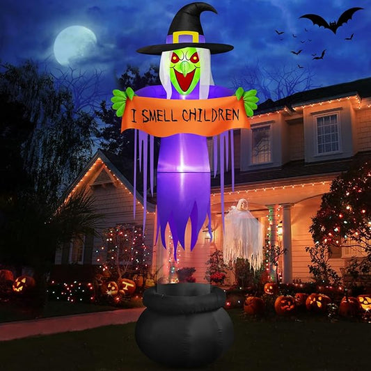 Danxilu 12 FT Giant Halloween Inflatables Witch Decorations Outdoor, Scary Red Eyes Levitating Witch with Cauldron Blow Up Yard Decorations Build-in LED Lights for Holiday Party Halloween Decor