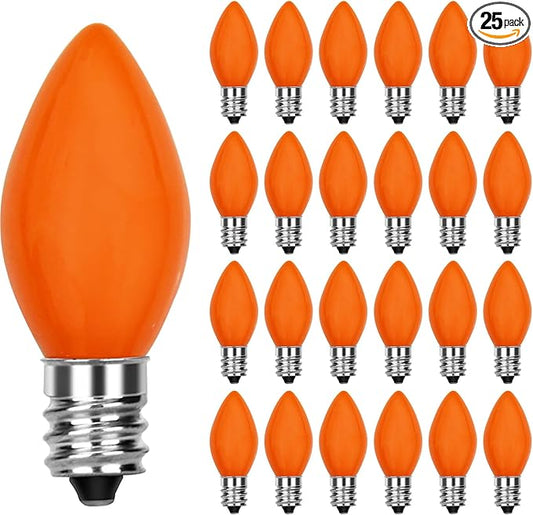25 Pack C7 LED Halloween Orange Replacement Lights Bulbs, Vintage Orange Ceramic LED Christmas Bulbs for Outdoor Patio String Lights, E12 Candelabra Base, 0.6 Watt Saving Enengy Night Lights Bulbs