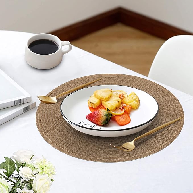 SHACOS Round Placemats Set of 4 Woven Braided Kitchen Table Placemats 15 inch Round Place Mats Washable Table Mats Indoor Outdoor, Brown