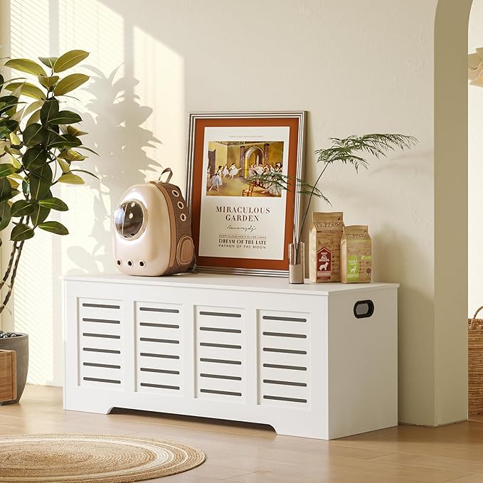DINZI LVJ Storage Chest, 47.3” Wooden Toy Box with 2 Safety Hinges, Retro Entryway Shoe Storage Bench with Flip-Top, Sturdy Large Storage Trunk for Living Room, Bedroom, Easy Assembly, White